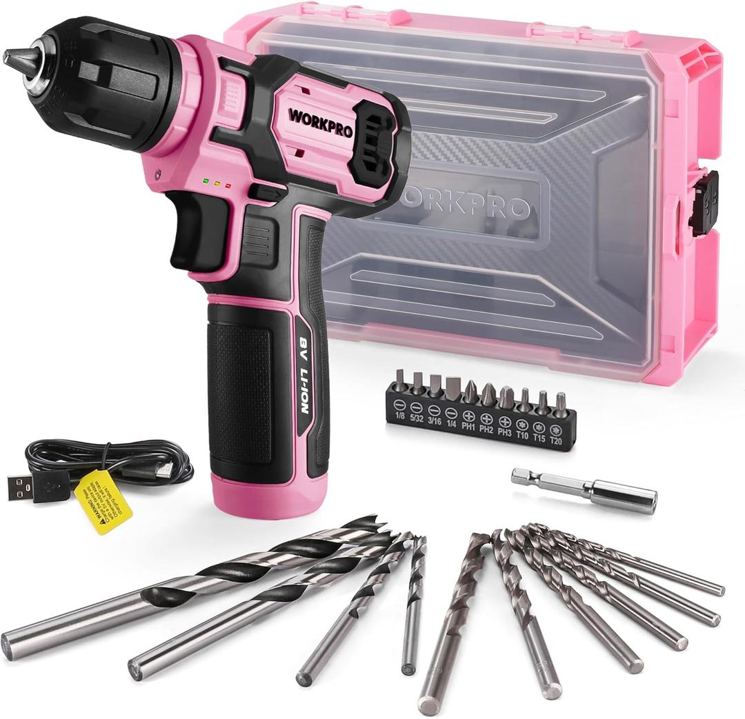WORKPRO Pink Power Drill Set and Stackable Tool Box, 8V Cordless Drill Driver with Bit Set, 2.0Ah Electric Cordless Screwdriver Kit with 3/8" Keyless Chuck, For Home DIY- Pink Ribbon