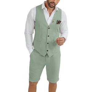 HUEZOE Mens Linen Suit Short Suits for Men 2 Piece Slim Fit Outfit for Summer Beach Wedding Sage Green Linen Vest Shorts Set 4X-Large