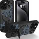 OOK Case Fit for iPhone 15 Pro Max 6.7 Inch (Compatible with MagSafe) Gray Floral Flowers Soft TPU and Hard PC Phone Cover with Kickstand Anti-Scratch Shockproof Protection Magnetic Case for Women