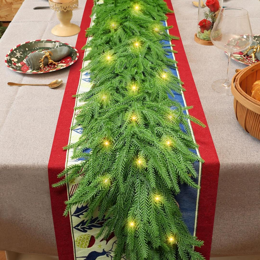 Norfolk Pine Garlands with Light Pre-Lit Christmas Garland,Dense Norfolk Pine Real Touch Garlandfor Table, Mantle, Staires, Wall, Premium Indoor/Outdoor Christmas Decorations (1Piece, 9ft)