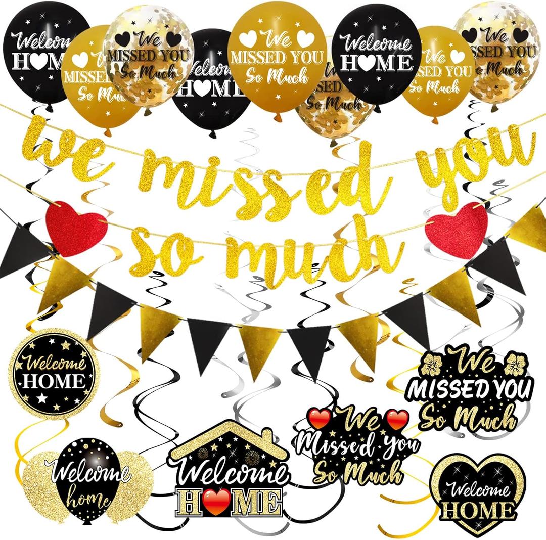 Pimvimcim Welcome Home Decorations, 40pcs 'We Missed You So Much' Banner Balloon Hanging Swirls Kit, Gold & Black 'Welcome Back' Theme Sign Party Supplies, Homecoming Party Decor