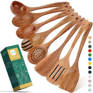 AIUHI Wood Spoons for Cooking, Nonstick Kitchen Utensil Set, Wooden Spoons Cooking Utensil Set Non Scratch Natural Teak Wooden Utensils for Cooking (Teak Pack of 8)