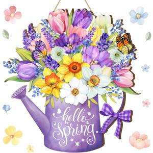 Juexica Hello Spring Door Sign for Front Porch - Flower Hanger Wreaths, Wooden Hanging Decor, Rustic Welcome Sign for Wall Pediments Decorations, Fresh Flower