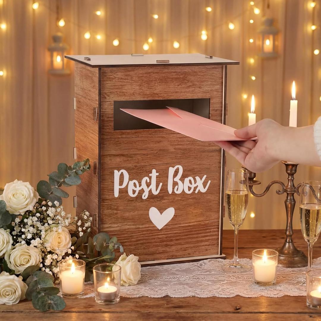 Vicenpal Wooden Wedding Card Box with Slot & Lid, Gift Card Mailbox Post Box Rustic Vintage Wedding Decorations for Reception Registry Gifts for Parties, Anniversaries, Birthday and Baby Showers