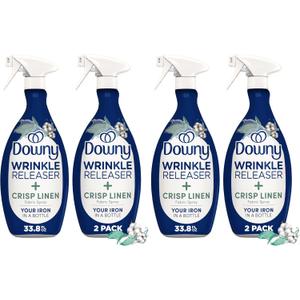 Downy Wrinkle Releaser Spray, All In One Formula, Removes Wrinkles, Static and Odor Eliminator, Crisp Linen Scent, 33.8 Fl Oz, (Pack of 4)