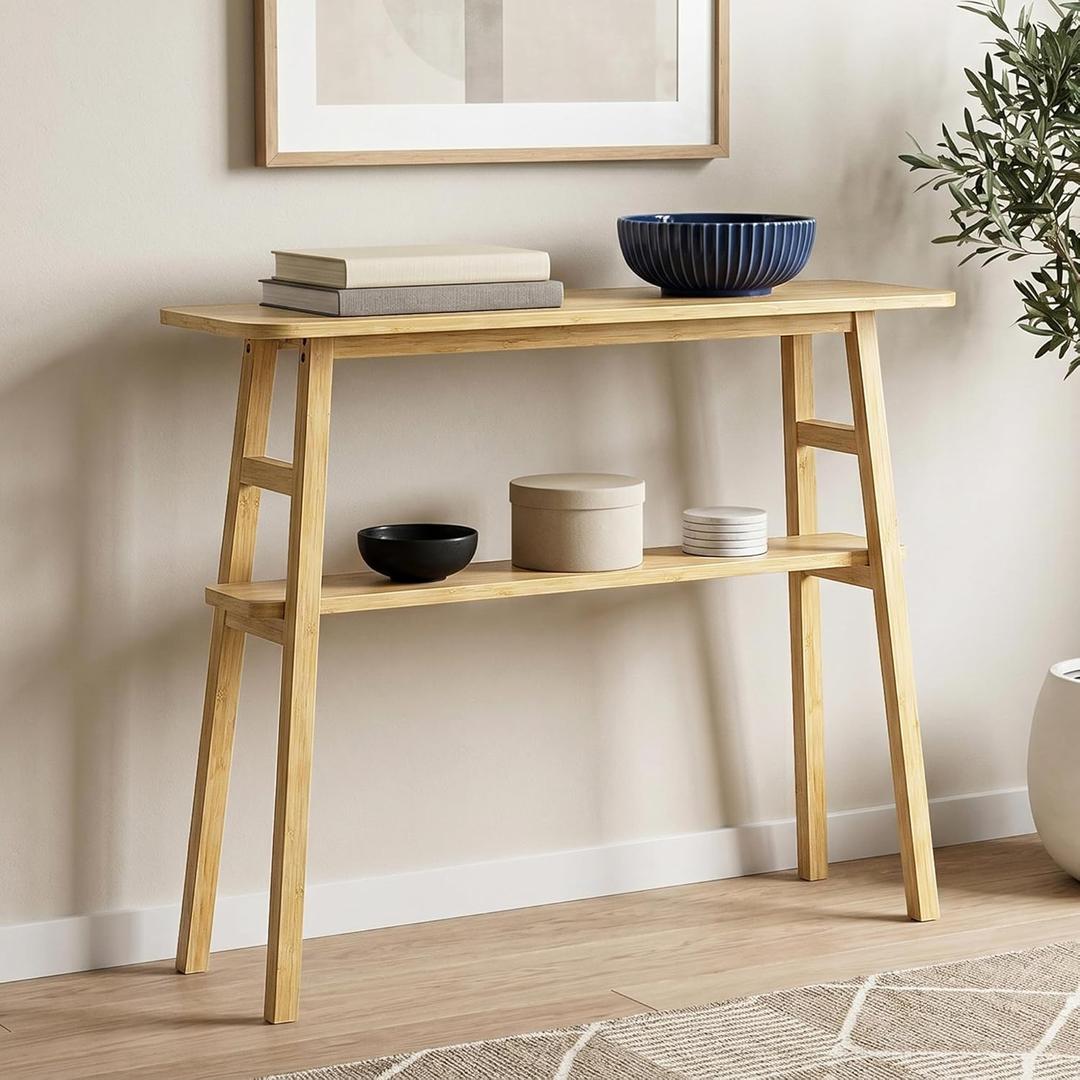 39.4" Solid Bamboo Entryway Console Table, Sofa Table Behind Couch, Narrow Bamboo Wood Entry Table with Storage Shelves for Living Room, HallwayModern, Easy Assembly, Natural