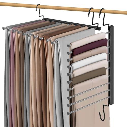Pants Hangers Space Saving, 10-Tier Stainless Steel Closet Organizer, Plastic-Free, Collapsible Non-Slip Design Space Saving Hangers, Rotation for Legging Pant Rack, Storage and Organization