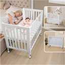 Folding Wood Bedside Bassinet - Portable 4-in-1 Baby Bassinet with Breathable Mattress,3 Heights Baby Crib with Wheels,Mini Crib for Infant Newborn and Small Space,White