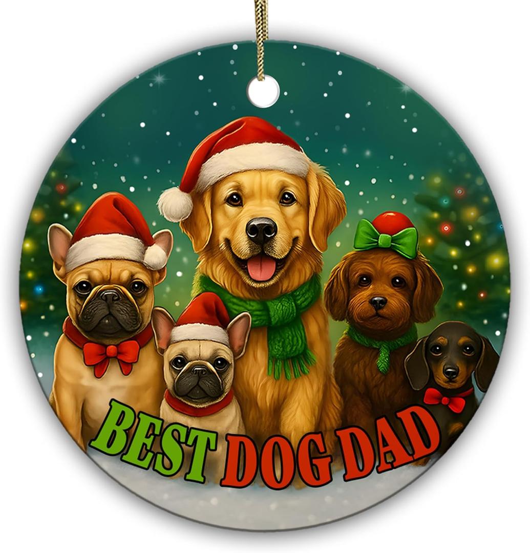 Best Dog Dad Ornament – Funny for Puppy Lovers, Men, Pet Daddy– Cute Holiday Keepsake with Santa Dogs – 2.9" Round Ceramic Ornament with Cord