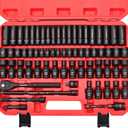 3/8" Drive Impact Socket Set, 67-Piece Standard Metric & SAE 6 Point CR-V Steel Sockets,Includes Extension Bars, 20-Piece Swivel Sockets, Universal Joint, Ratchet Handle and Adapter