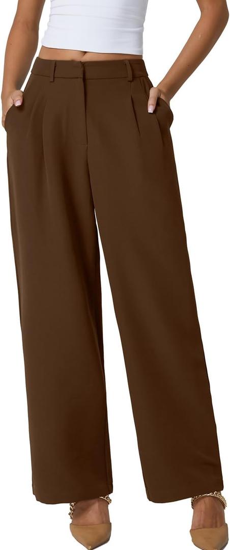 QINSEN Wide Leg Dress Pants for Women High Waisted Wrinkle Free Work Pants with Pockets Casual Slack (Large, Brown)