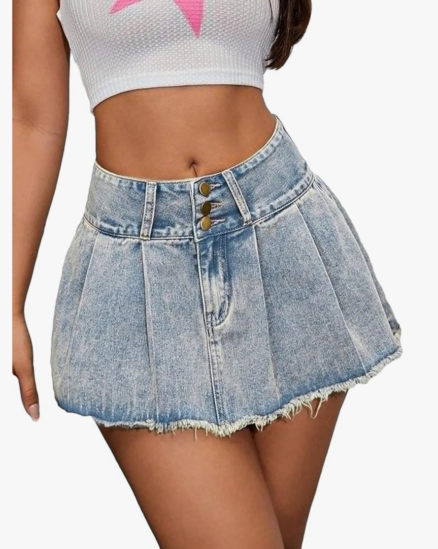 WDIRARA Women's Low Waist Button Pleated Hem A Line Raw Hem Mini Denim Skirt, L Size