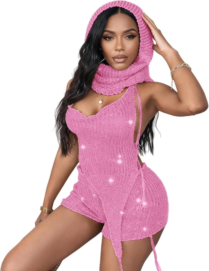 Women Trendy 3 Piece Outfits Crochet Knitted Balaclava See Through Halter Crop Top Hollow Out Mini Hot Shorts Sets (Small, Pink)