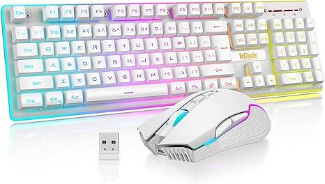 RedThunder K10 Wireless Gaming Keyboard and Mouse Combo, LED Backlit Rechargeable 3800mAh Battery, Mechanical Feel Antighosting Keyboard + 7D 3200DPI Mice for PC Gamer (White)