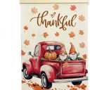 NQDWX Thankful Red Truck Hanging Flag  Fall Farmhouse Wall Decor with Pumpkins & Gnomes, Rustic Autumn Thanksgiving Linen Flag with Wooden Frame for Home Kitchen 12x17 Inches(174)