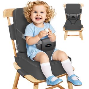 Toddler Booster Seat for Kitchen Chair with Removable Backrest & Adjustable Straps, PU Portable Waterproof & Non-Slip Booster Seat for Dining Table, Travel Child Eating Cushion - Dark Grey