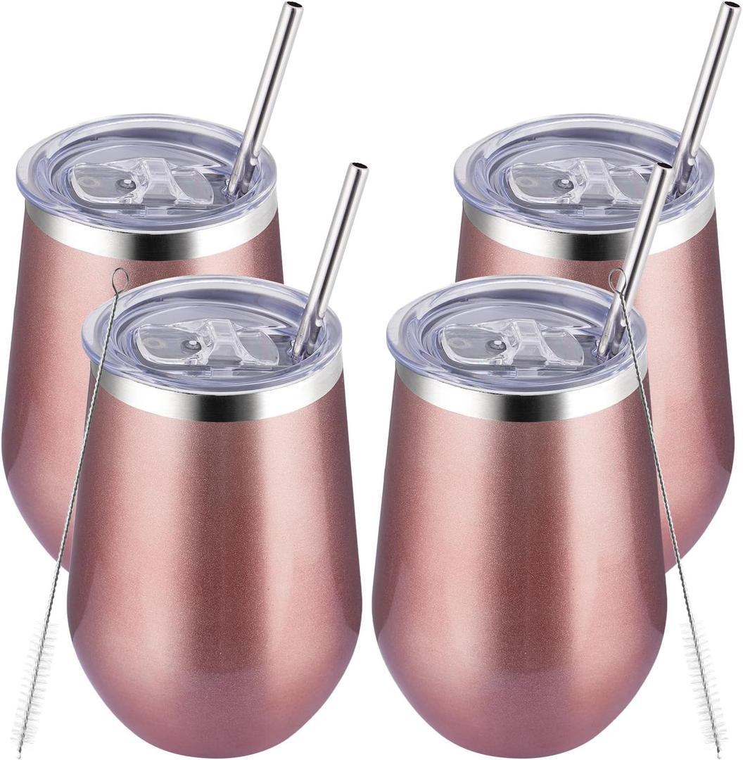 MEWAY Stainless Steel Wine Tumbler with Lid and Straw 12oz - Stemless Insulated Wine Cup Glasses for Coffee, Cocktails, Drinks, Champagne and Office Use, Ideal for Parties and Gifts (Rose Gold, Set of 4)