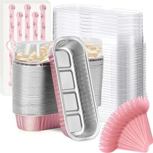 Findful Mini Loaf Baking Pans with Lids and Spoons (50 Pack, 6.8oz) Rectangle Aluminum Foil Baking Pans Tins Containers - Cupcake Containers Wrappers Cheesecake Creme Brulee Ramekins (Pink)