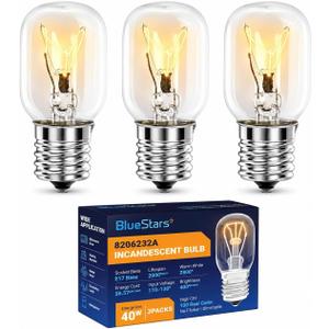 BlueStars 8206232A KEI 125V 40W Microwave Bulb E17 Base, Compatible with Whirlpool Microwave Light Bulb Under Hood, Lava Lamp, Salt Lamp Bulbs, Replaces 1890433 8206232 AP4512653, 3 Packs