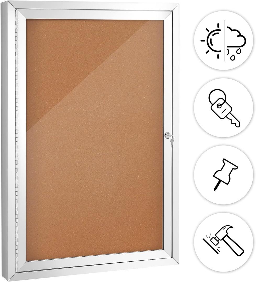 SWANCROWN Outdoor Enclosed Cork Bulletin Board Weatherproof Display Cases Tamperproof Notice Poster Memo Board with Aluminum Frame,36x24 inches