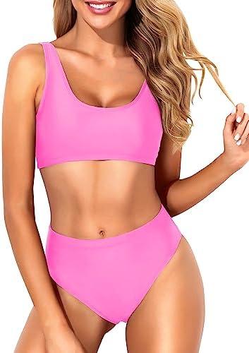 Tempt Me Women Two Piece Scoop Neck Bikini Crop Top Swimsuit Sporty High Waisted Bathing Suit Small