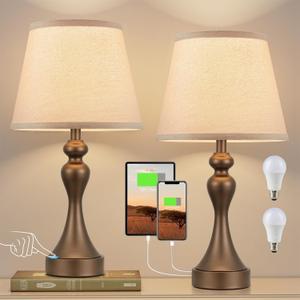 Seealle Touch Lamps for Nightstand - Bedside Lamps Set of 2, 3 Way Dimmable, USB C+A for Bedroom & End Tables (Brown&Oat)