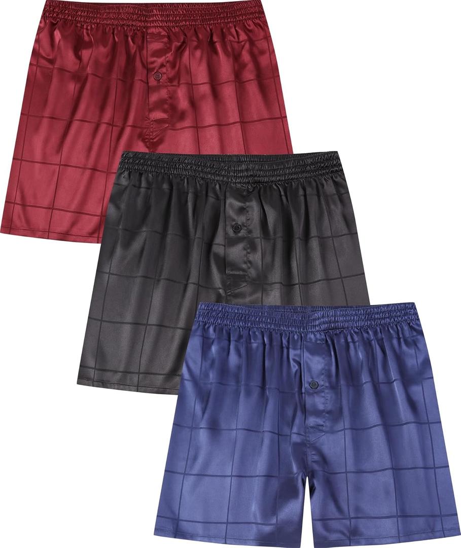Men's Satin Boxers Pack Silky Boxer Shorts for Men, Silk Feeling Men's Underwear with Button Fly Pajamas Sleep Shorts (XX-Large, Plaid-3 Pack)