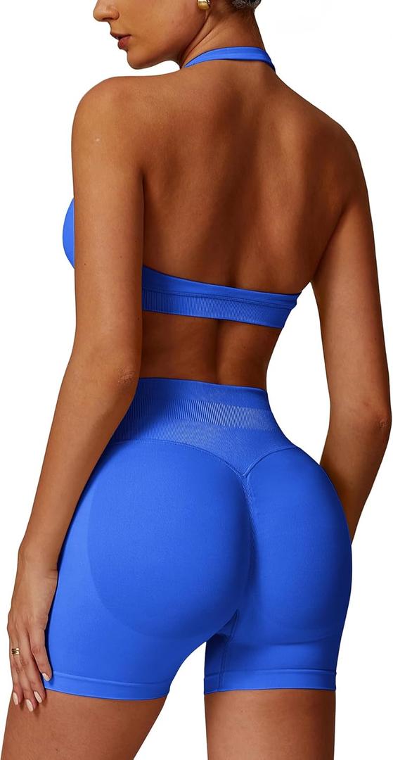 ABOCIW Workout Sets for Women 2 Piece seamless Halter Sports Bra Scrunch Butt Impact Shorts Gym Yoga Outfits (Medium, Electric Blue)