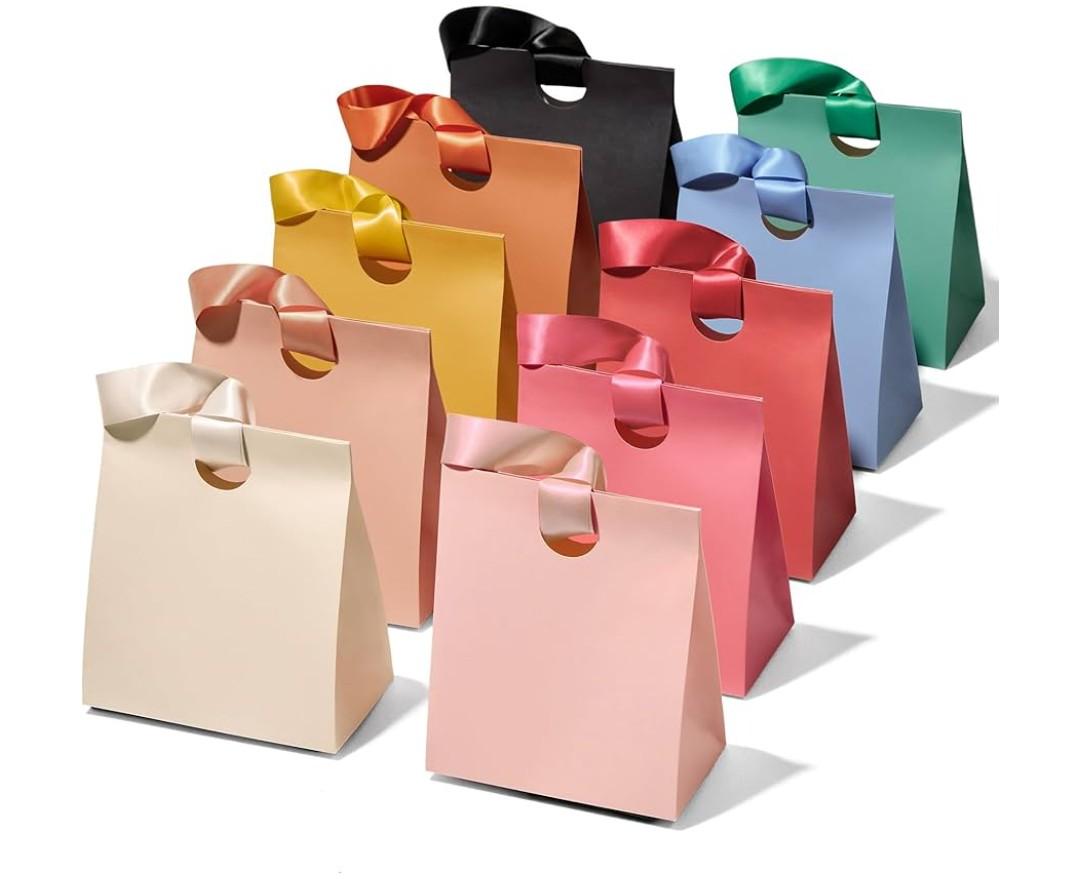 Vitalizart Paper Gift Bags With Ribbon Handles Set of 10 Assorted Colors Bulk Reusable For Gift Wrap Girls Kids Birthday Bridal Shower Party Favors Goodie Bags Candy Christmas 9.84"x4.33"x8.66" Medium