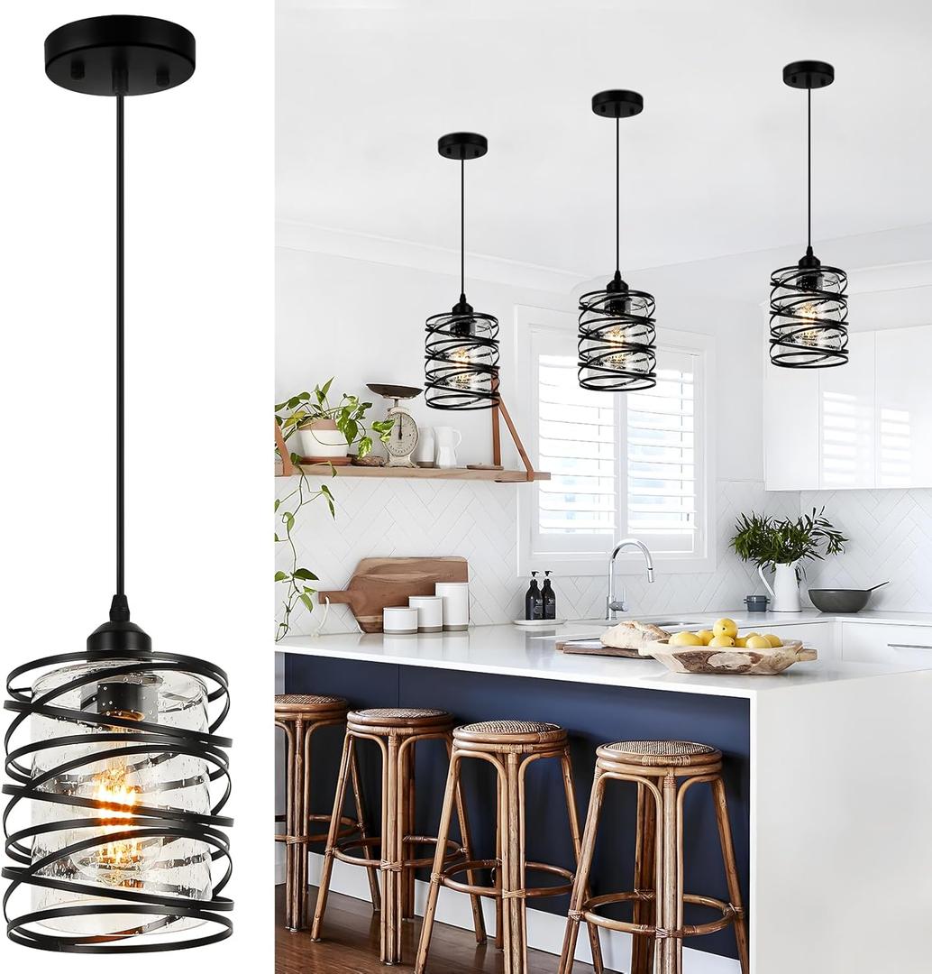 Black Pendant Lights for Kitchen Island, Industrial Farmhouse Pendant Light Fixtures with Seeded Glass Shade, Adjustable Spiral Iron Pendant Lighting for Foyer Hallway Dining Room Kitchen, Pack of 1