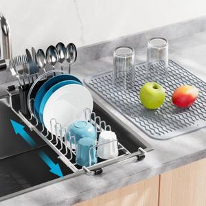 GSlife Stainless Steel Sink Dish Drying Rack - Small in Sink Dish Rack with Silicone Mat, Expandable Kitchen Counter Drainer with Utensil Holder, Fit for 13.2-17 inch, Silver