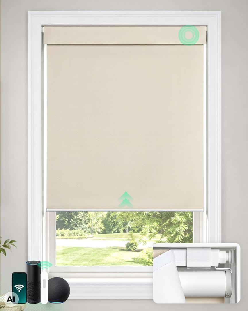 LazBlinds Motorized No Drill Blackout Roller Shades, 22" W x 72" H, Beige