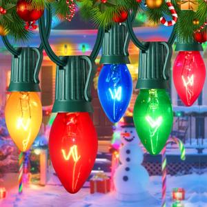 25FT C7 Christmas Lights Outdoor, Clear Multicolor Christmas Lights with 27 Clear Colorful Bulbs (2 Spare), Hanging Vintage Christmas Light for Christmass Day Prom Party Wedding Decor, Green Wire