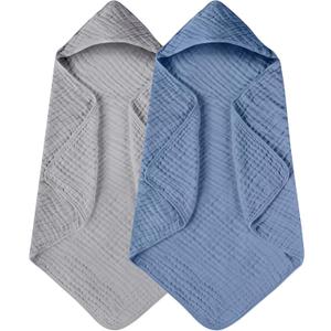 Yoofoss Hooded Baby Towels for Newborn 2 Pack 100% Muslin Organic Cotton Baby Bath Towel with Hood for Babies, Infant, Toddler and Kids, 32x32Inch, Soft and Absorbent Newborn Essential, Grey & Dark Blue