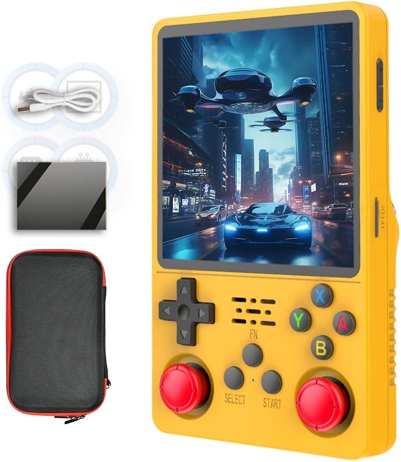 R36S Plus Handheld Game Console 4.0-in 720*720 IPS OCA Screen RK3326 3000mAh r36splus with Portable Case Yellow-64GB