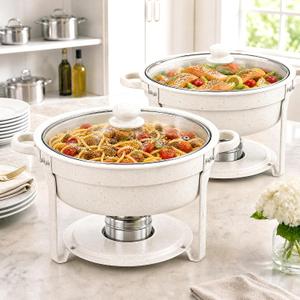 6QT Maifanite-Coated Chafing Dishes for Buffet 2-Pack, White Chafers and Buffet Warmer Sets with Glass Lids, Rolled-Edge, Stackable Design – for Catering, Parties, and Weddings