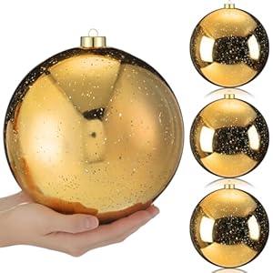 Lunmon 4 Pcs Extra Large Retro Mercury Christmas Balls Ornaments 8'' Oversized Giant Hanging Shatterproof Electroplated Ball Christmas Tree Ornaments for Xmas Party Outdoor Decor(Golden)