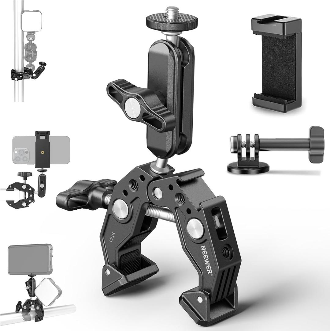 NEEWER Super Clamp with 3" Dual Ballhead Magic Arm, Cold Shoe, 1/4" Threads, Phone/Action Camera Mount Adapter for Desk Tripod Tube Crossbar Gimbal Rods Compatible with SmallRig GoPro DJI, ST83 NEEWER Super Clamp with 3" Dual Ballhead Magic Arm, Cold Shoe, 1/4" Threads, Phone/Action Camera Mount Adapter for Desk Tripod Tube Crossbar Gimbal Rods Compatible with SmallRig GoPro DJI, ST83