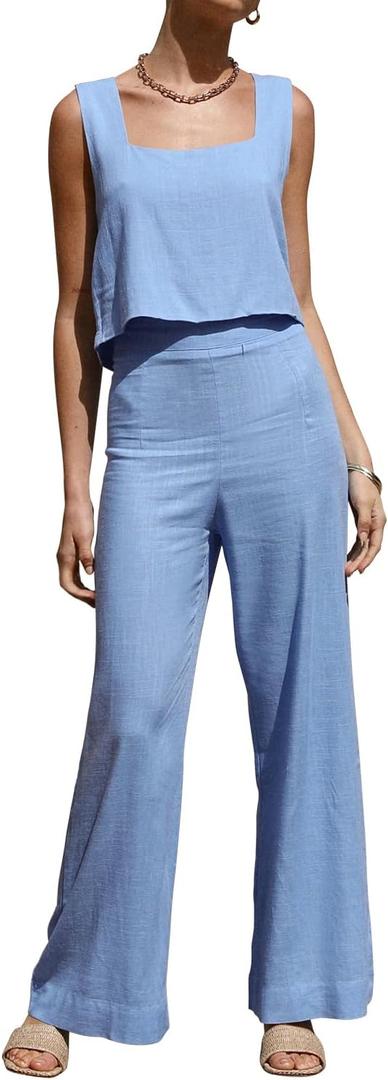 ROYLAMP Women's Summer 2 Piece Outfits Sleeveless Square Neck Tops Wide Leg Pants set Jumpsuit with Pockets (Blue, S)