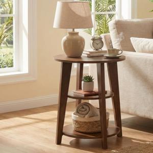 3-Tier Round Side Table,23.6" Tall End Table with Storage Shelves-Modern Nightstand,Wood Plant Stand for Living Room Bedroom Small Spaces Corner Display Rack Balcony Garden Patio(Walnut)