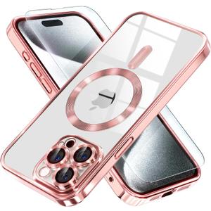 Misea Magnetic for iPhone 15 Pro Max Case with MagSafe [Never Yellowing] [Military Grade Drop Protection] Full Camera Lens Protector Plating Soft Clear Phone Case for Women Girls, Pink