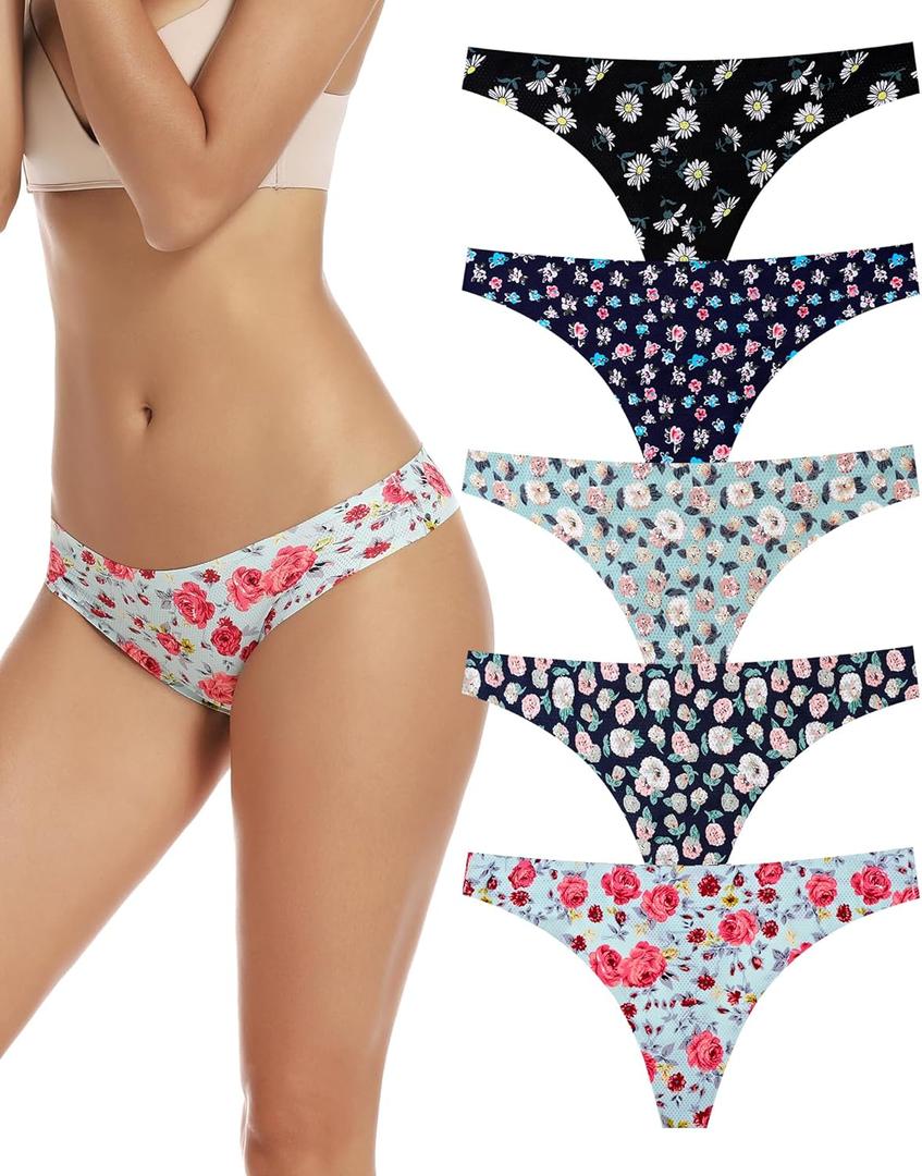 voenxe Seamless Women Underwear Thongs,No Show Ladies Thong,No Line Workout Breathable Comfortable Panties,  Soft Undies, 5-Pack, XL