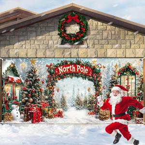 16X7FT Christmas Garage Door Cover Decorations Winter Wonderland North Pole Forest Snowy Xmas Tree Garage Door Background Snowflake Merry Christmas Family Party Indoor Outdoor Decor (White)
