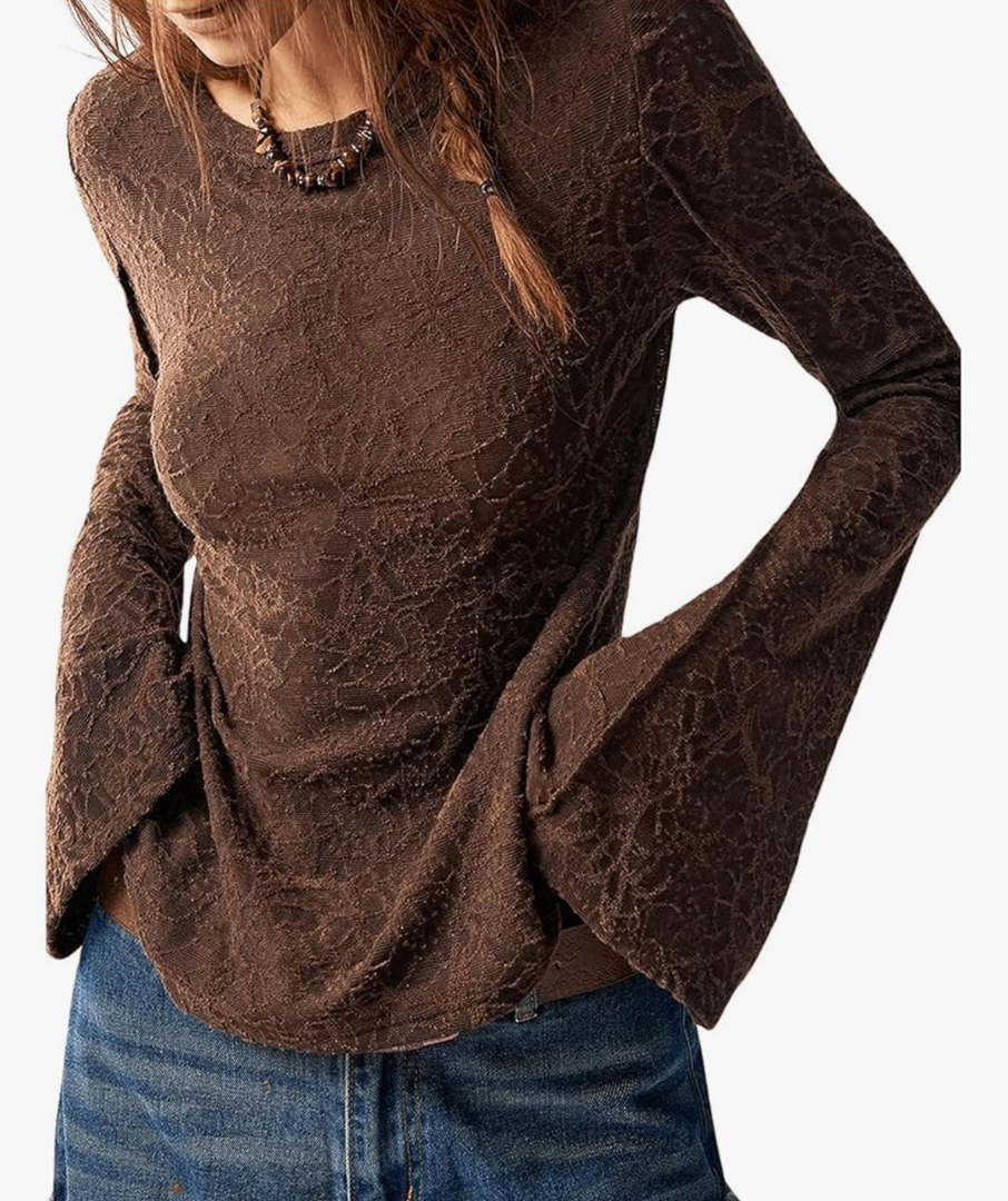 MakeMeChic Women's Lace Bell Sleeve T Shirt Crew Neck Textured Vintage Tee Tops (XS)