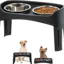 IRIS USA Elevated Dog Bowls Adjustable Stand, Raised Feeding Station with 2 Stainless Steel 64 oz Bowls, Spill Guard, Dual Height 12.25" or 4.63", Made in USA, Black