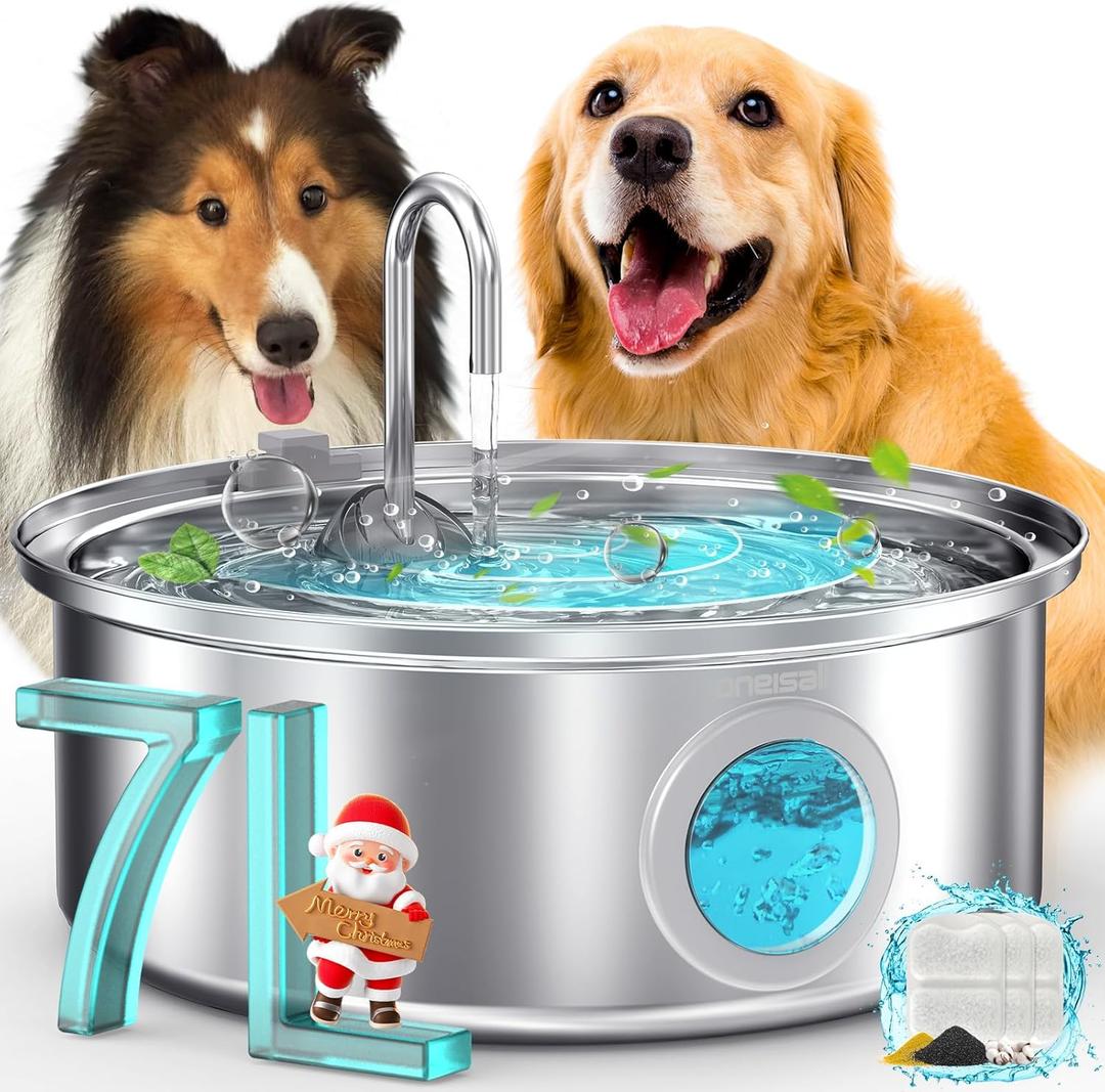 oneisall Dog Water Fountain, 7L/230oz/1.8G Quiet Dog Fountain Water Bowl, Stainless Steel Dog Water Fountain with Visual Water Level&Triple Filtration for Large Medium Small Breed Dogs Pets