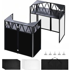 Portable DJ Booth Facade Stand, Foldable DJ Table 40" x 20" x 45" Tabletop, DJ Facade Station for DJ Controller, Mixer & LaptopEvents&Parties Includes Carry Bag&Two Metal Corner Tables.