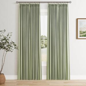 Sage Green 100% Blackout Pinch Pleated Linen Curtains 84 Inches Long for Bedroom 2 Panels Set Double Layer Thermal Insulated Pinch Pleat Green Black Out Drapes with Hooks Rings Room Darkening Curtain