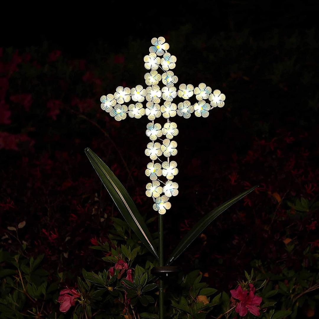 Solar Cross Garden Stake Outdoor Lights, 40 Inch Solar Powered Cross Lights Stake with 24 LED Decorative Flower Lights for Remembrance Gifts