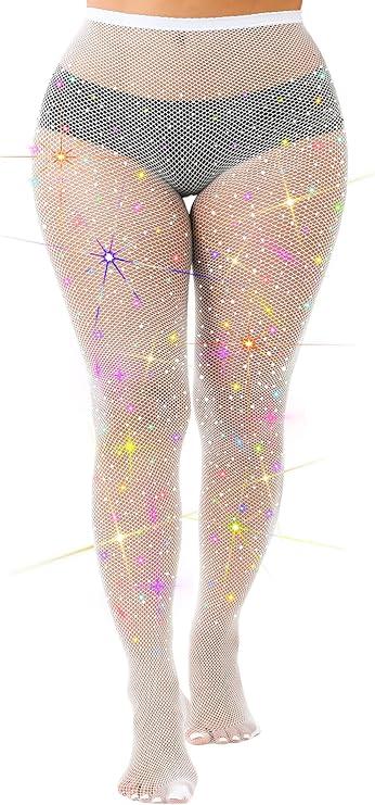Laser Sparkly Plus Size Fishnets Sparkle Fishnets Rhinestone Fishnet Stockings for Women (2XL-4XL White)